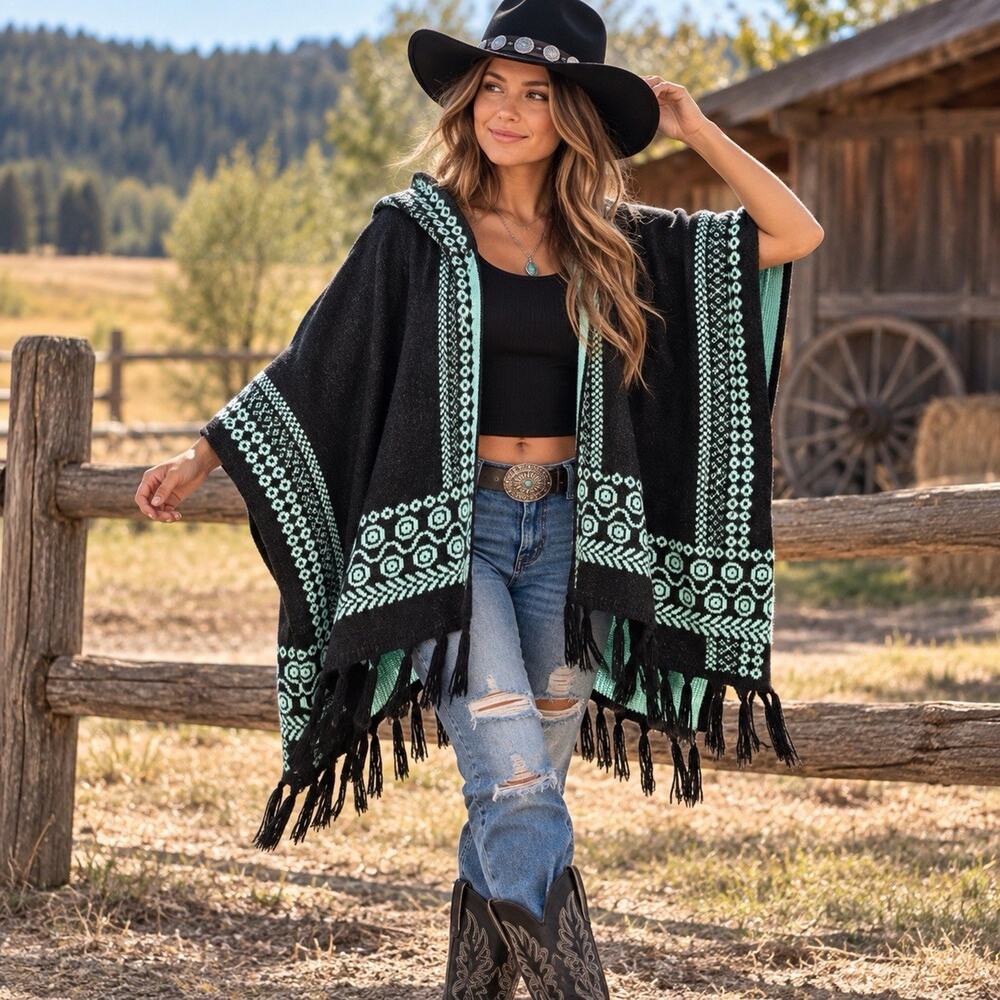 Ellie Kate Hooded Poncho Sweater Black Mint Southwestern Boho Festival Fringe OS